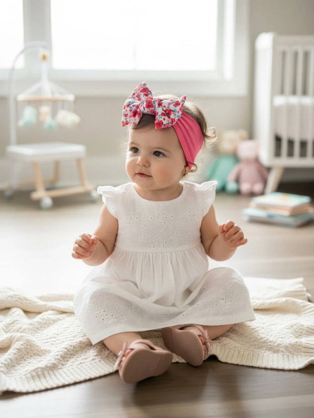 pink Ditsy Daisy knotted baby headband with a floral-patterned bow